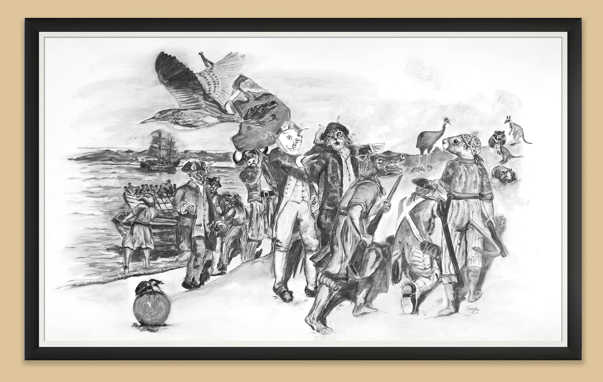 The Ferals have landed - Botany Bay 1770-2023, framed charcoal drawing